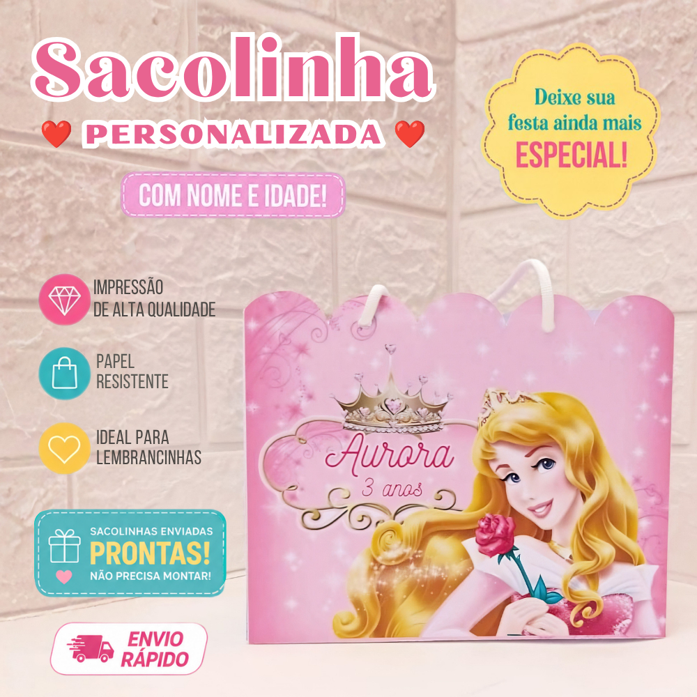 Sacolinha Personalizada | Lembrancinha Aniversário Luxo | Festa Infantil | Aurora | Bela Adormecida