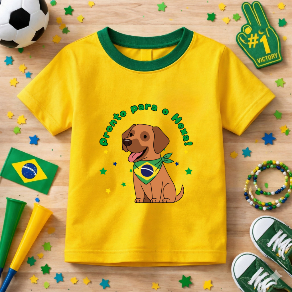 Camiseta Infantil Copa Do Mundo Personalizada Cachorrinho Lançamento Brasil Algodão Premium