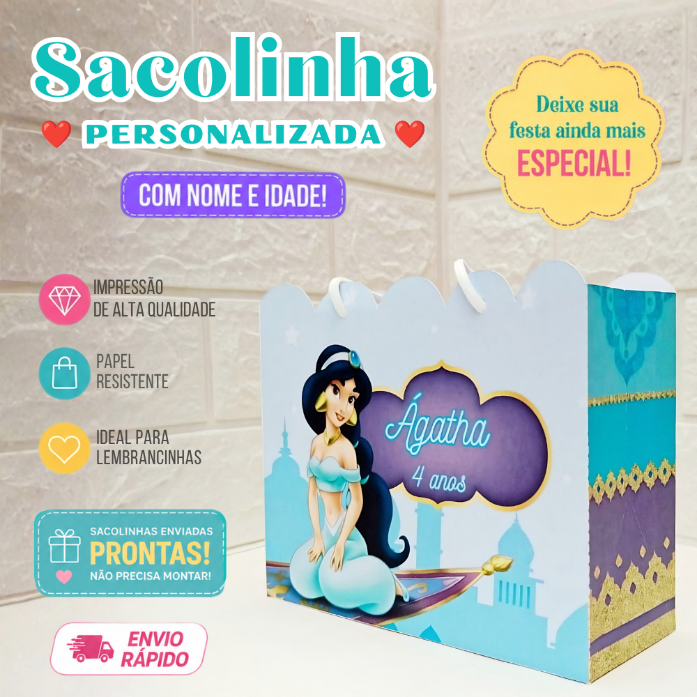 Sacolinha Personalizada Montada | Lembrancinha Aniversário Luxo | Festa Infantil | Princesa Jasmine