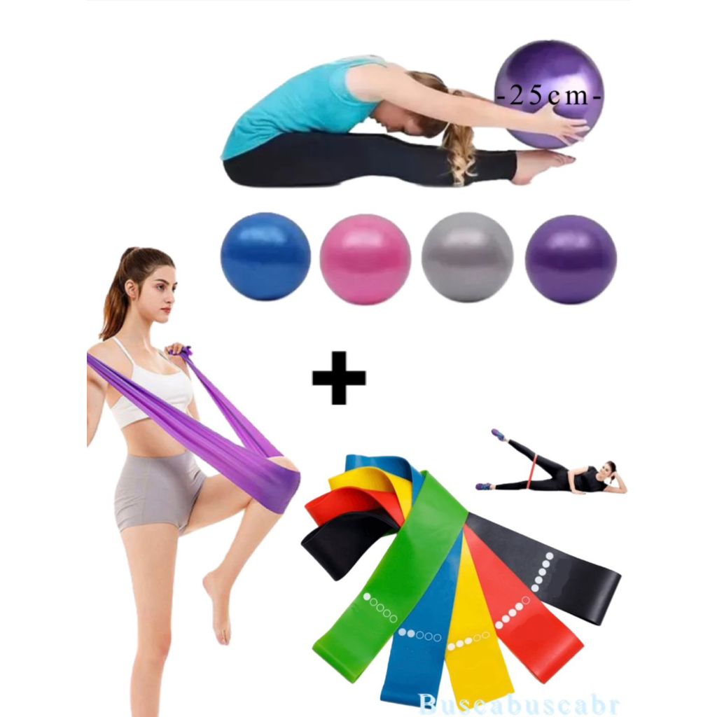 Mini Bola 25 cm Suíça Pilates Pequena + Thera Band + Kit Mini Band Fisioterapia -BUSCABUSCABR