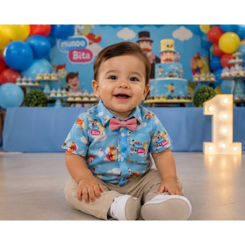 Camisa social mundo bita balão 6 a 12 meses,1.2 anos e 2.3 anos