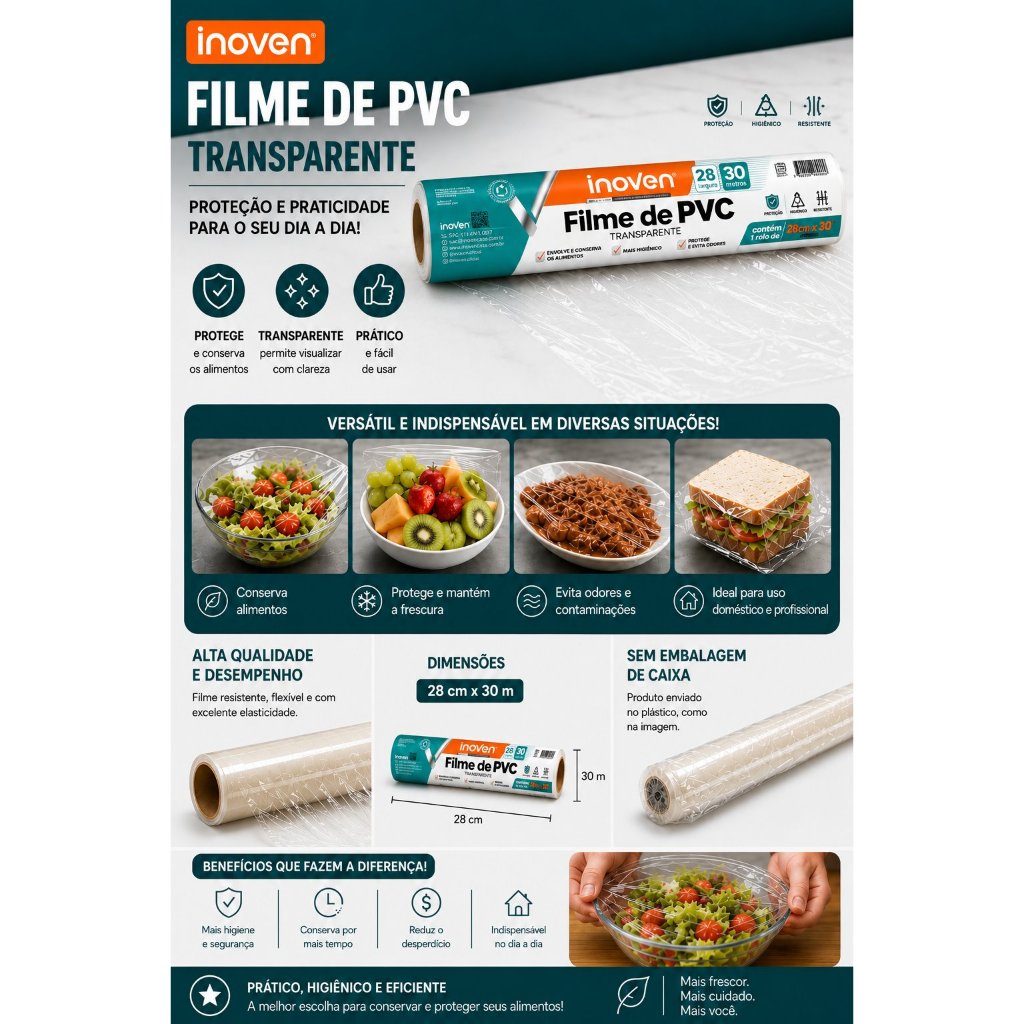 FILME DE PVC TRANSPARENTE INOVEN 28CM X 30M
