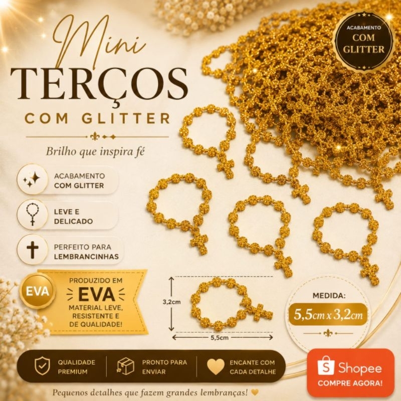 Tercinho de Eva 5,5cm x 3cm - Terço primeira comunhão batizado lembrancinha santinhos, rosário de Eva, em Eva glitter