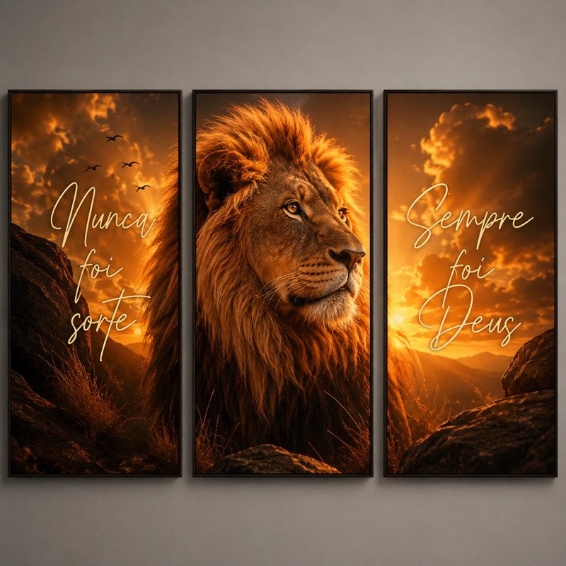 Quadro Decorativo Grande Leão Por Do Sol Religioso Nunca Foi Sorte Sempre Foi Deus 3 Peças 122x60