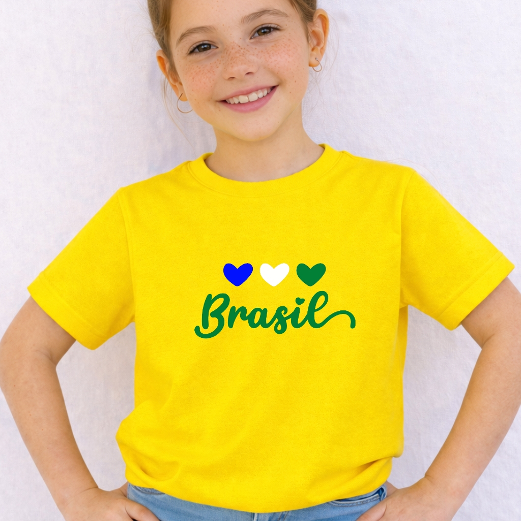 Camiseta Infantil e Adulta do Brasil Minimalista 3 Corações Blusa em Algodão Premium