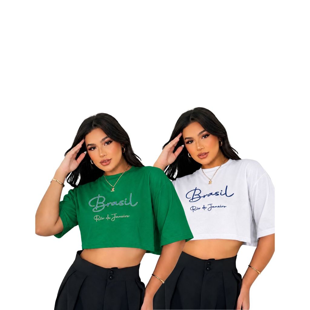 Kit 2 Cropped Oversized Feminino Brasil T-Shirt Casual Streetwear