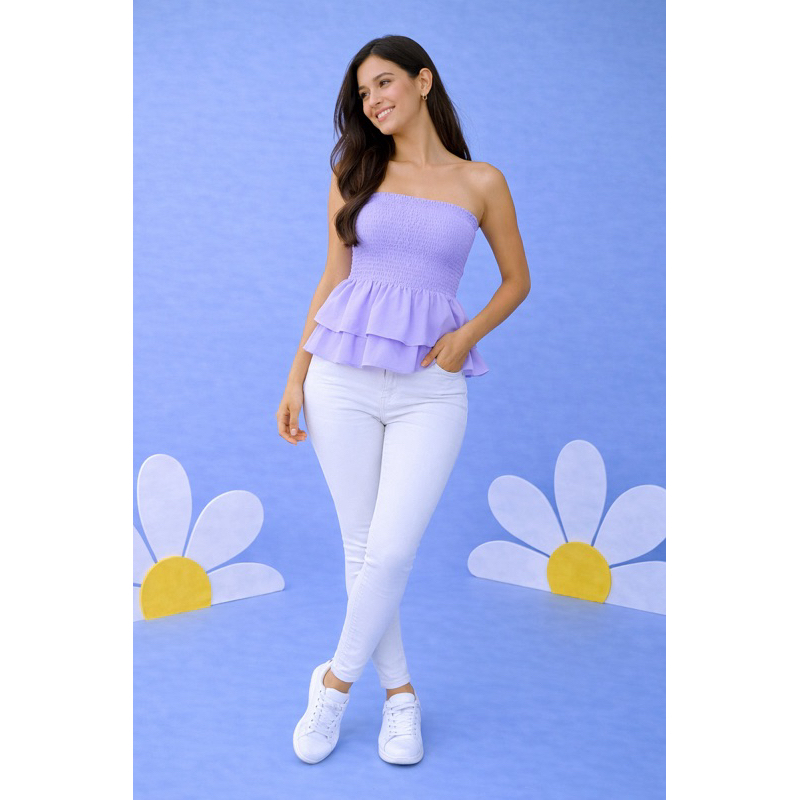 Blusa Juvenil Feminina Bata Tomara que Caia Lastex com Babado Leve Moda Verão Tendência