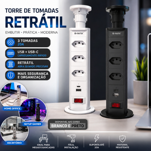 Torre Tomada Retratil Embutir 20A 3 Tomadas USB USB-C Multiplug Mesa Bancada Home Office Preto Branco B-Max USB C 20A.