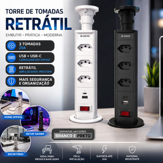Torre Tomada Retratil Embutir 20A 3 Tomadas USB USB-C Multiplug Mesa Bancada Home Office Preto Branco B-Max USB C 20A.