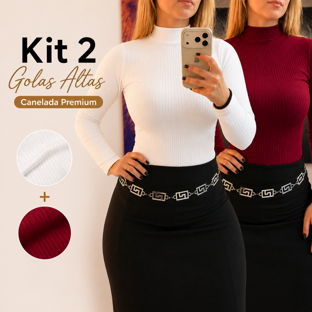 Kit Cacharrel Gola Alta Canelada Manga Longa Tendência Elegante Moda Inverno Casual Feminina