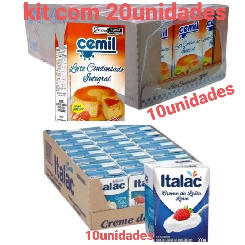 kit C 20unidades 10un Leite condensado Integral cemil 395g-8% e 10un creme de leite italac 200g15%sabor Reco e Versátil