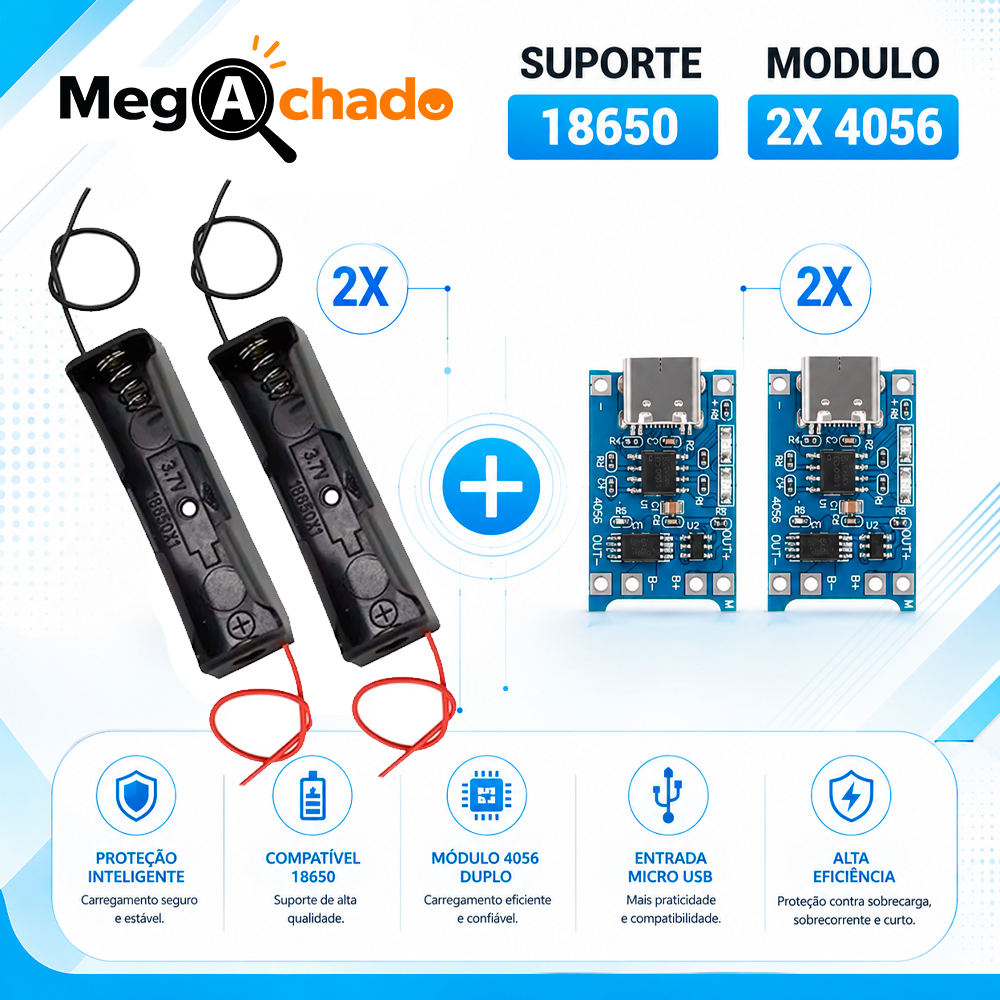 Kit Carregador Módulo Tp4056 + Suporte Para Bateria Lítio 18650 Arduino