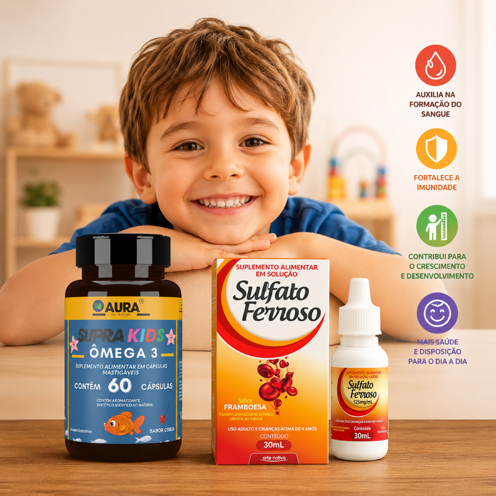 Sulfato Ferroso Sabor Framboesa 30ml + Ômega 3 Supra Kids 60 Cápsulas  Mastigável - Aura Nutrition