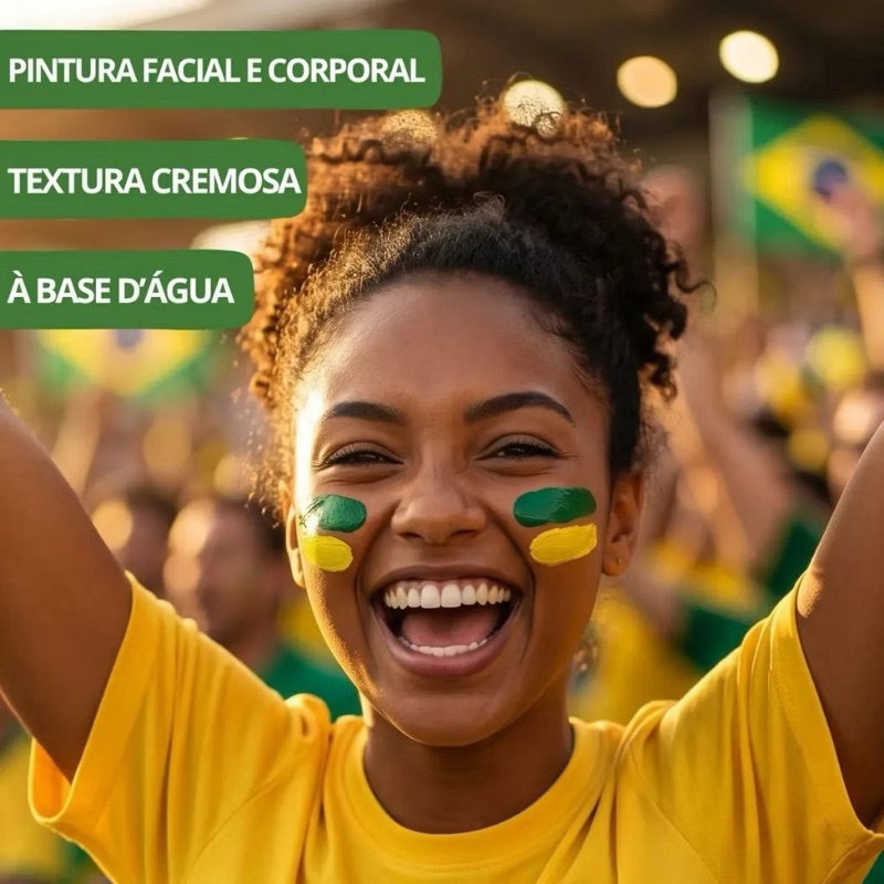 Torre De Tinta Cremosa Do Brasil | Duo De Tintas | Verde E Amarela | Pintura Facial E Corporal, À Base De Água | Copa