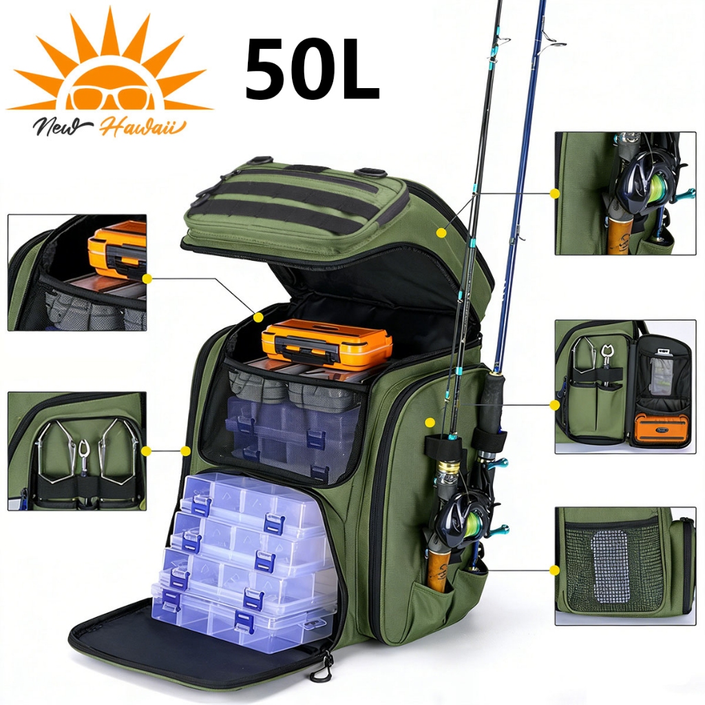 Mochila Camping Pesca Impermeável,50L,Mochila de Pesca em água Salgada NEW HAWAII