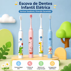 Escova Elétrica Infantil Sonic, Macia e Impermeável para Cuidados Bucais de Bebês e Crianças - Design Ergonômico