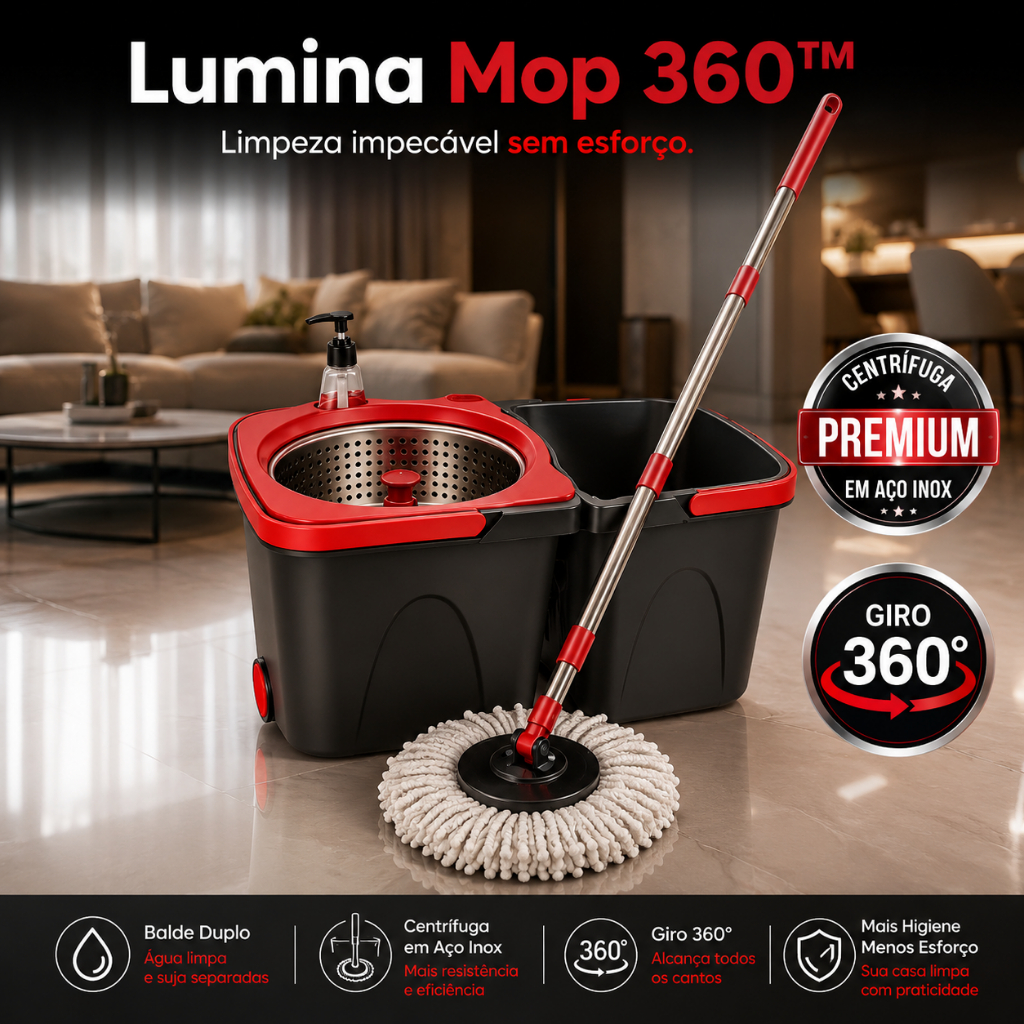 Lumina Mop 360° Pro Balde Duplo Centrífuga Inox Esfregão Giratório Limpeza Prática Piso Seco