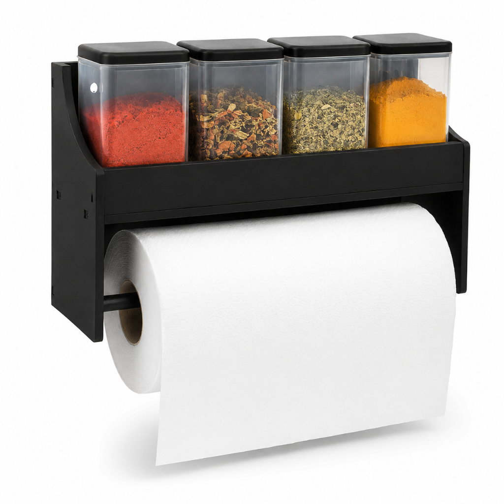 Porta Temperos MDF Preto com Suporte para Papel Toalha 27cm Parede ou Bancada Organização Cozinha Compacto