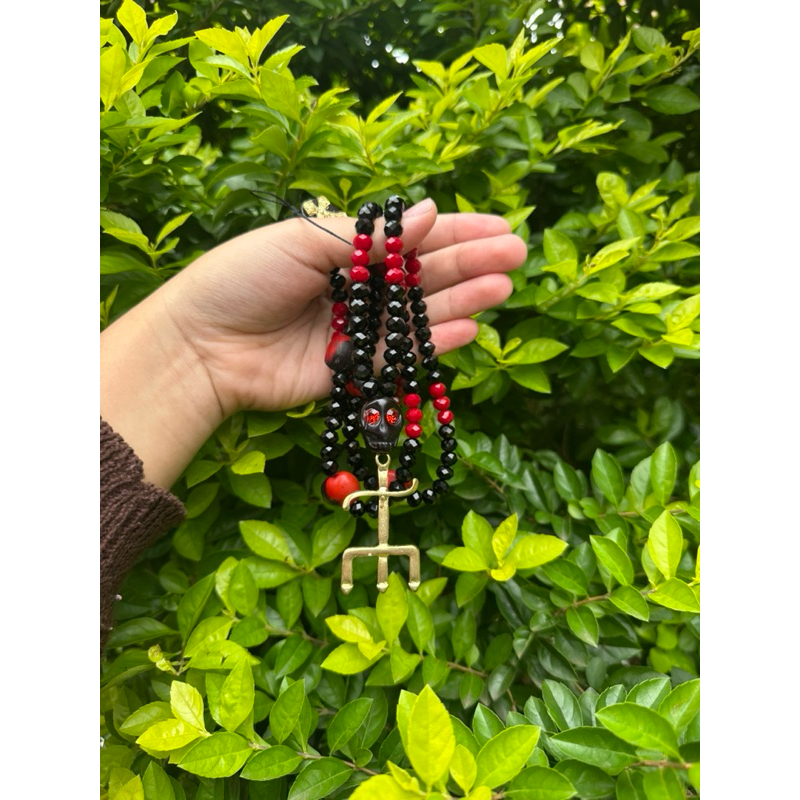 Guia de Exu Marabô - Fio de contas Umbanda Candomblé Quimbanda | Caveira Tridente Olho de Cabra | Artigos Religiosos