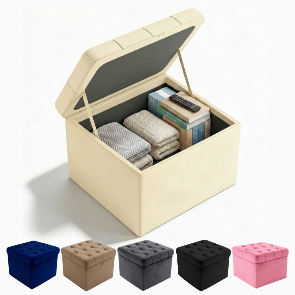 Puff Baú Estofato Capitonê Organizador Porta Objetos Decorativo