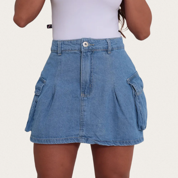 Saia Jeans Cargo Cintura Alta  Bolso Utilitário Modelador