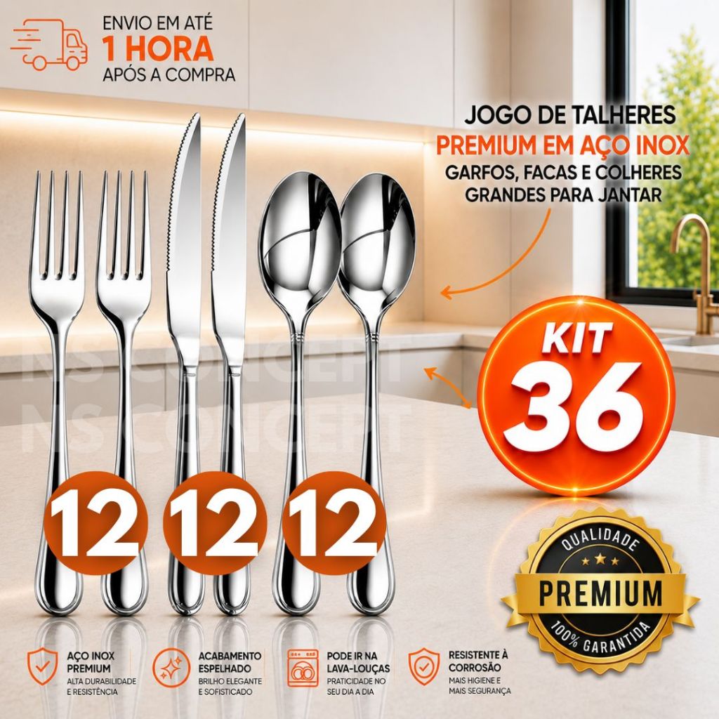 Kit 36 Talheres Inox Inoxidável – 12 Garfos, 12 Facas e 12 Colheres | Praticidade, Resistência e Elegância Diária