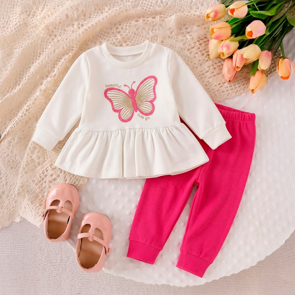Conjunto Moletom Flanelado Bebê Menina Estampa Borboleta Roupa Quentinha De Inverno P ao G