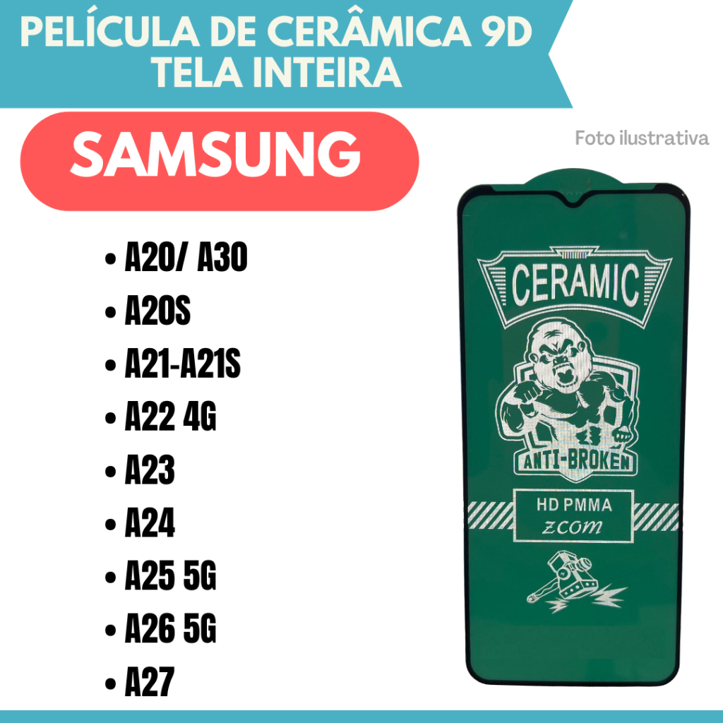 Película Cerâmica Hidrogel Flexível Para Samsung A20-A30/ A20S/ A21-A21S/ A22 4G/ A23/ A24/ A25 5G/ A26 5G/ A27.