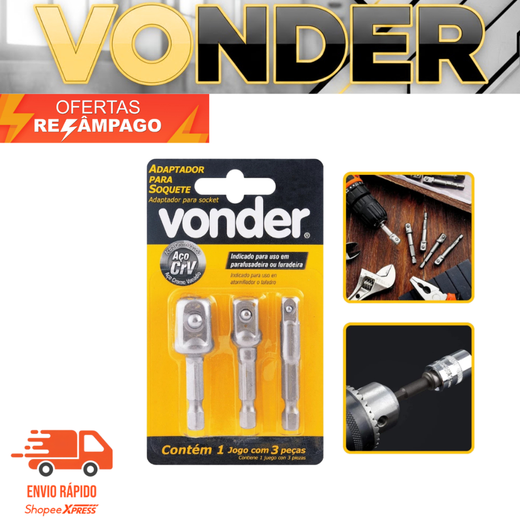 Jogo Adaptador Soquete (3 Peças) para Parafusadeira - Vonder