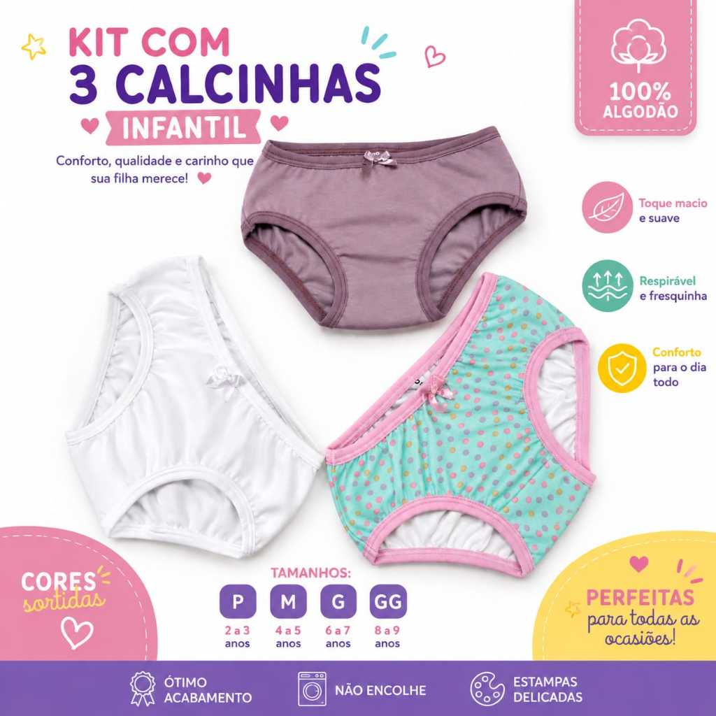 Kit 3 Calcinhas Infantil Roupa Feminina Algodão Confortável Macio Cores Sortidas