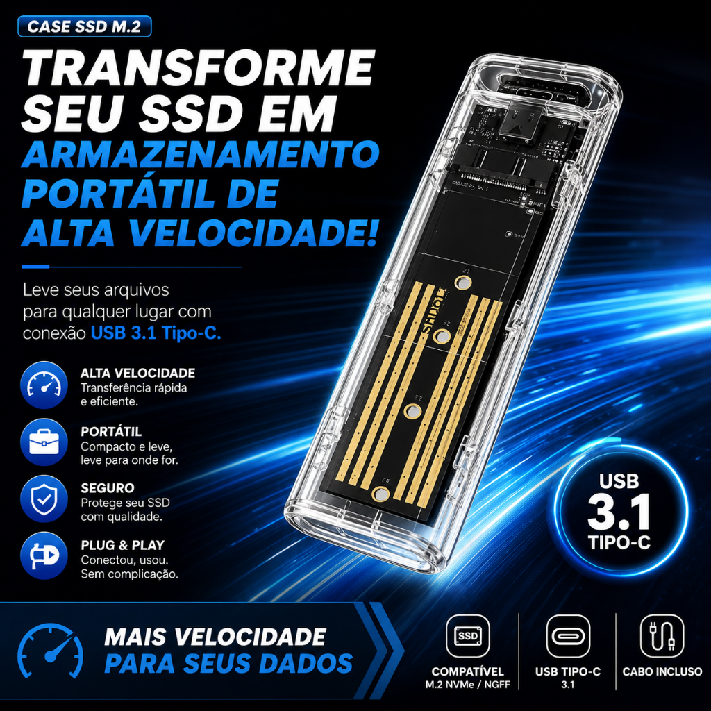 Case SSD M2 NVMe USB 3.1 Tipo C FY-879 Transparente Gaveta Externa NGFF Alta Velocidade
