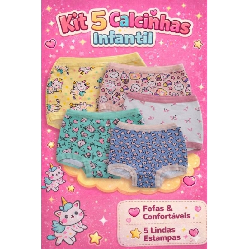 Kit 05 Calcinhas Box Shortinho Confortável Algodão Menina Roupinha