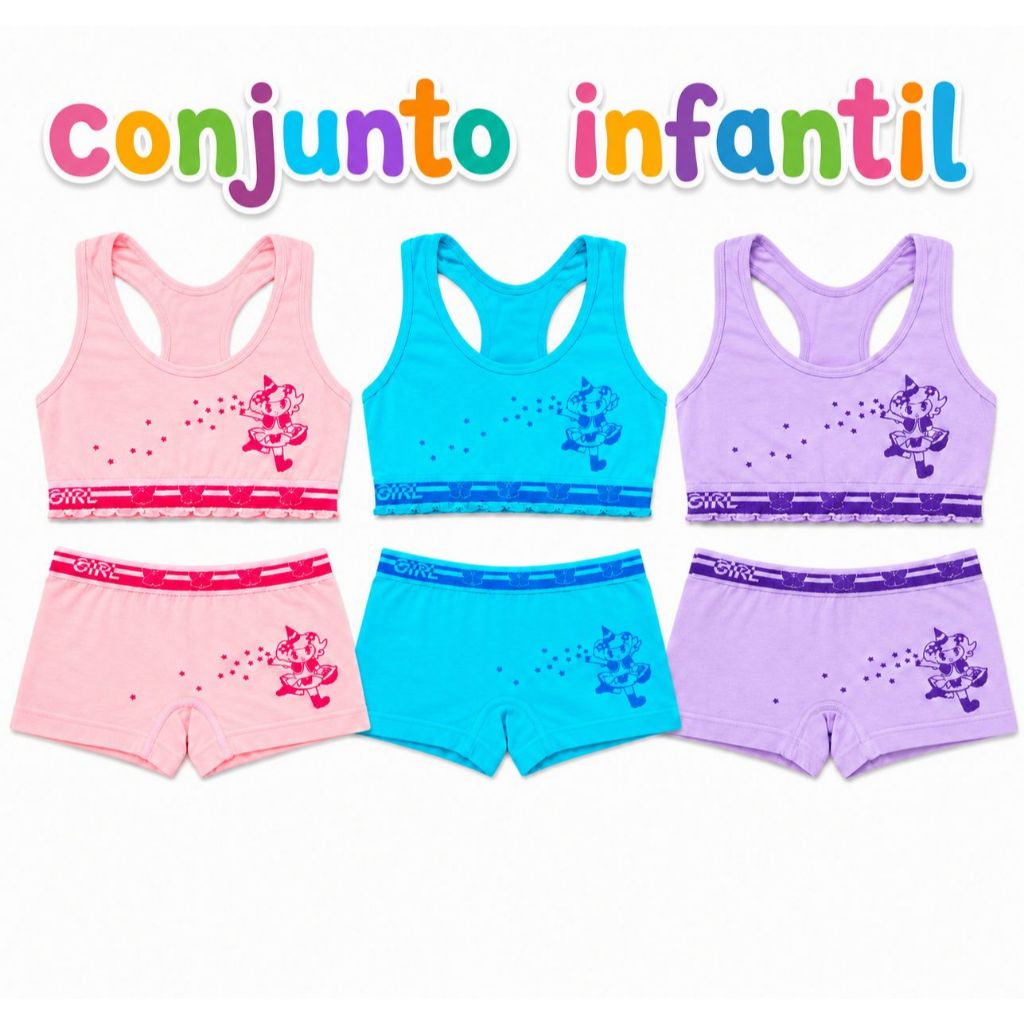 Kit 2 Conjuntos Infantil Feminino Top e Calcinha  Conforto diário Cores e estampas Variadas