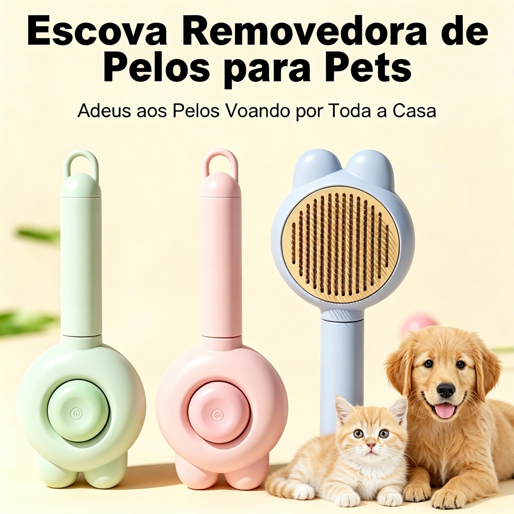 Escova Removedora de Pelos para Pets, Cães e Gatos, Autolimpante, 3 Cores, Macia e Segura