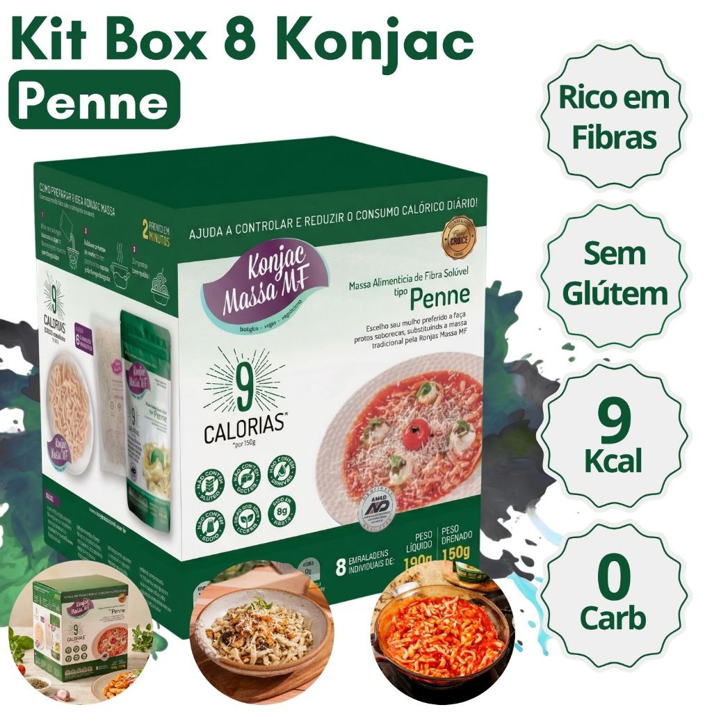 Kit Box 8 Macarrão Tipo Penne Konjac Massa Zero Gordura Açúcar e Glúten Para Emagrecimento e Saúde Intestinal
