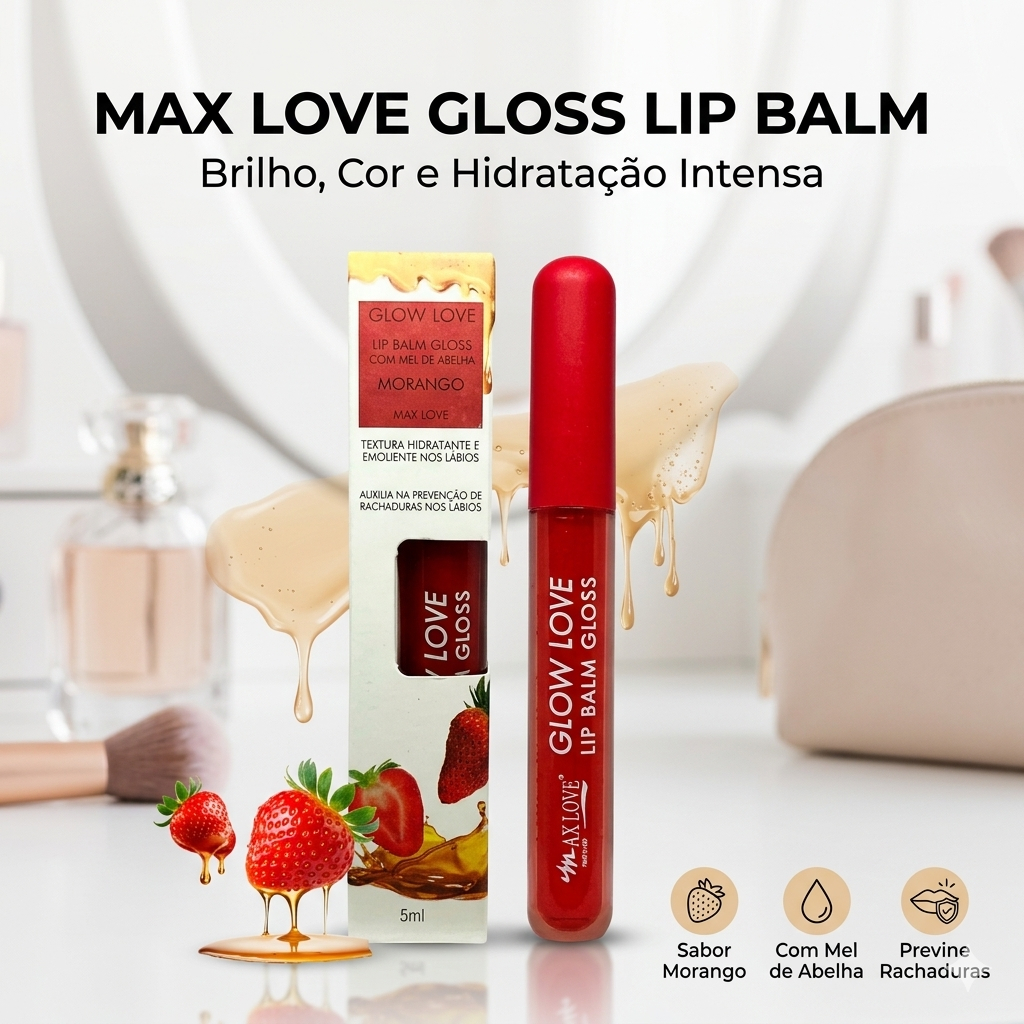 Balm Gloss Max Love Mel De Abelha E Morango Boca Hidratada Com Corzinha De Saude Efeito Espelhado