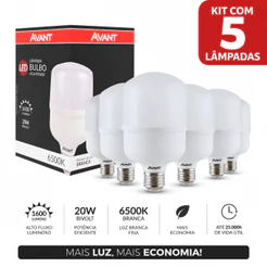 Kit 5 Lâmpadas LED Avant 20W Bulbo High Power E27 – Luz Branca Fria 6500K