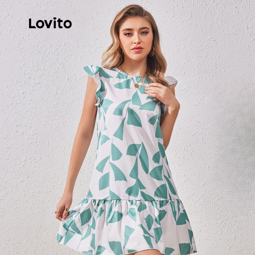 Vestido curto de silhueta estampa de folha com babados DRB7BR095