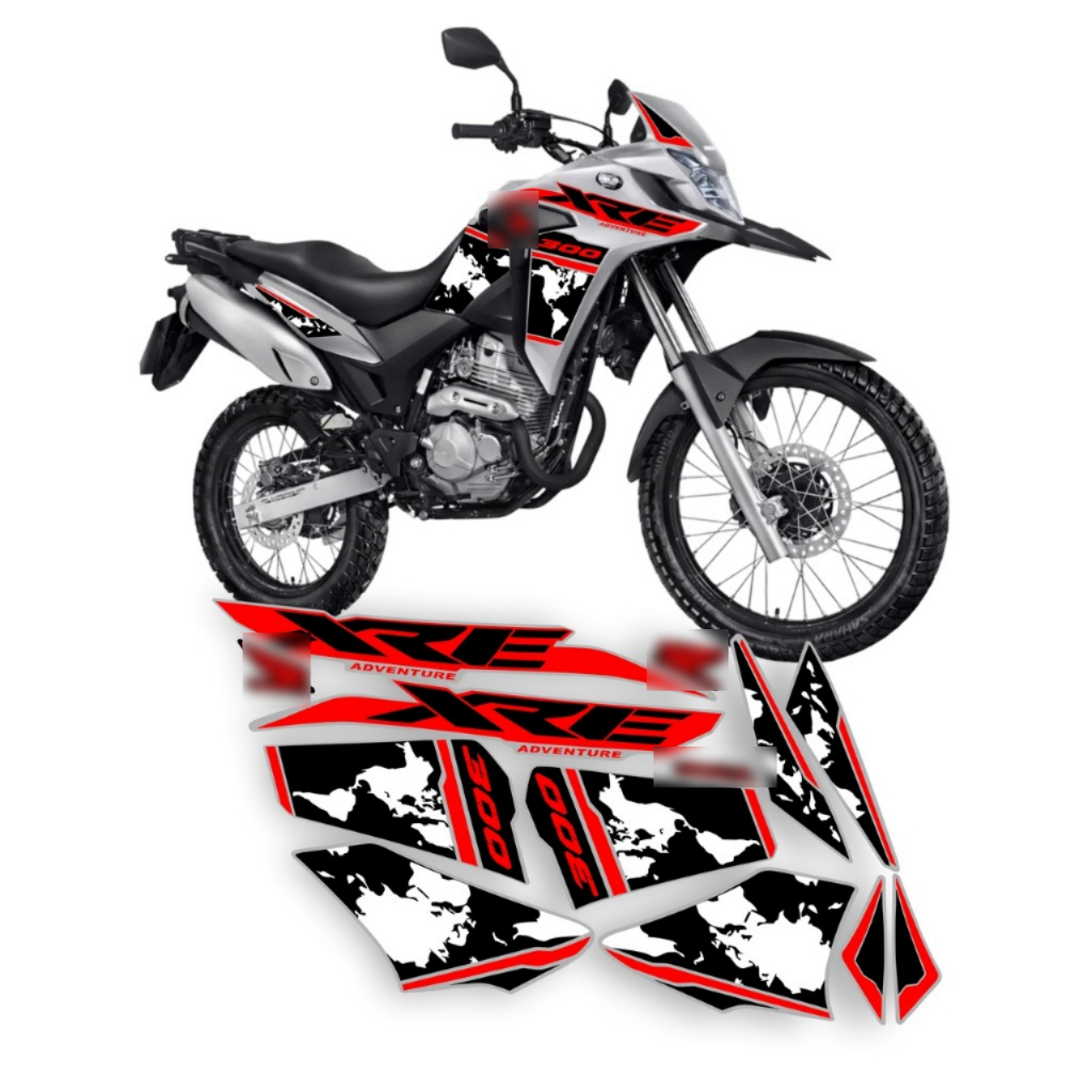 Kit Adesivos Compatível Com Xre 300 Adventure 2019 a 2024 Mapa Mundi Moto Prata Laminado