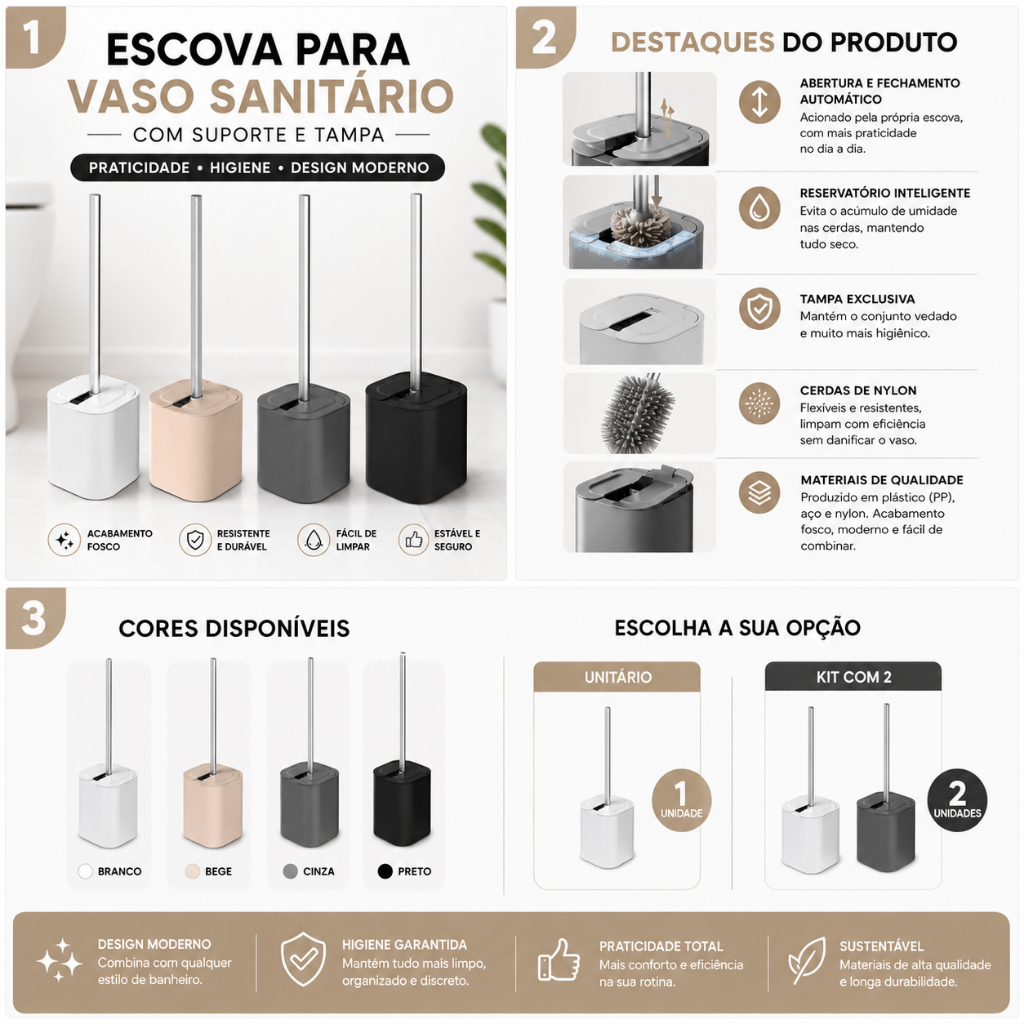 Escova Sanitária Dual com Suporte e Tampa - Design Moderno e Sistema Automático