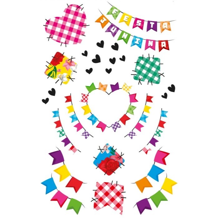 Tatuagens Estilo Maquiagem Festa Junina | Mini Bandeirinhas e Corações | Removíveis