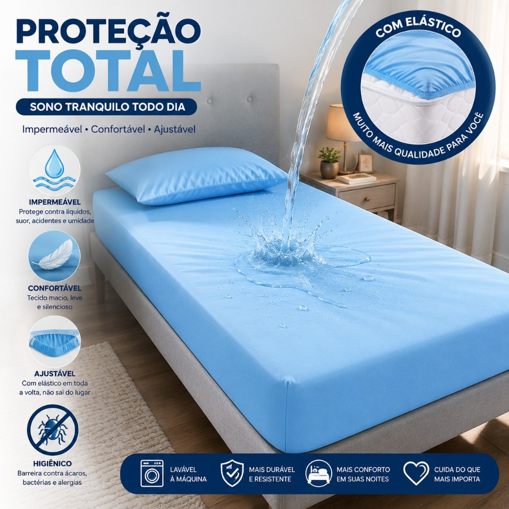 Protetor Capa Colchao Solteiro Ajustavel Elástico Impermeavel Azul Confortavel