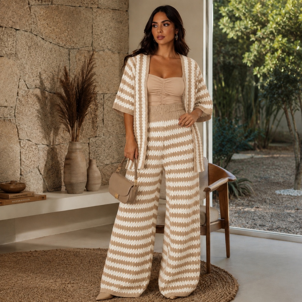 Conjunto Feminino Tricô Modal 42 ao 46 Pantalona e Kimono Listrado Elegante Casaco e Calça Luxo Moda Inverno