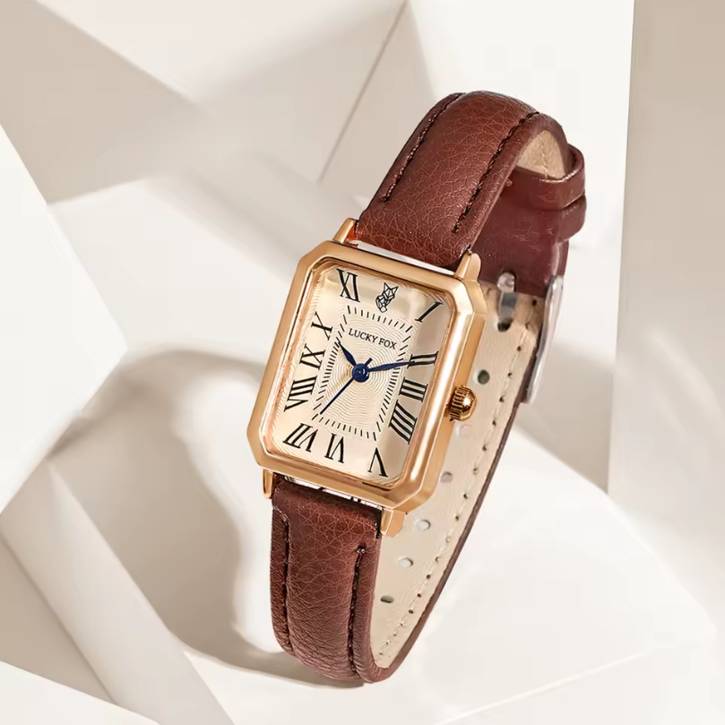 ORIGINAL Relógio Feminino Lucky Fox LUXO Retangular Dourado Couro Mulher Elegante Retangular Cristal