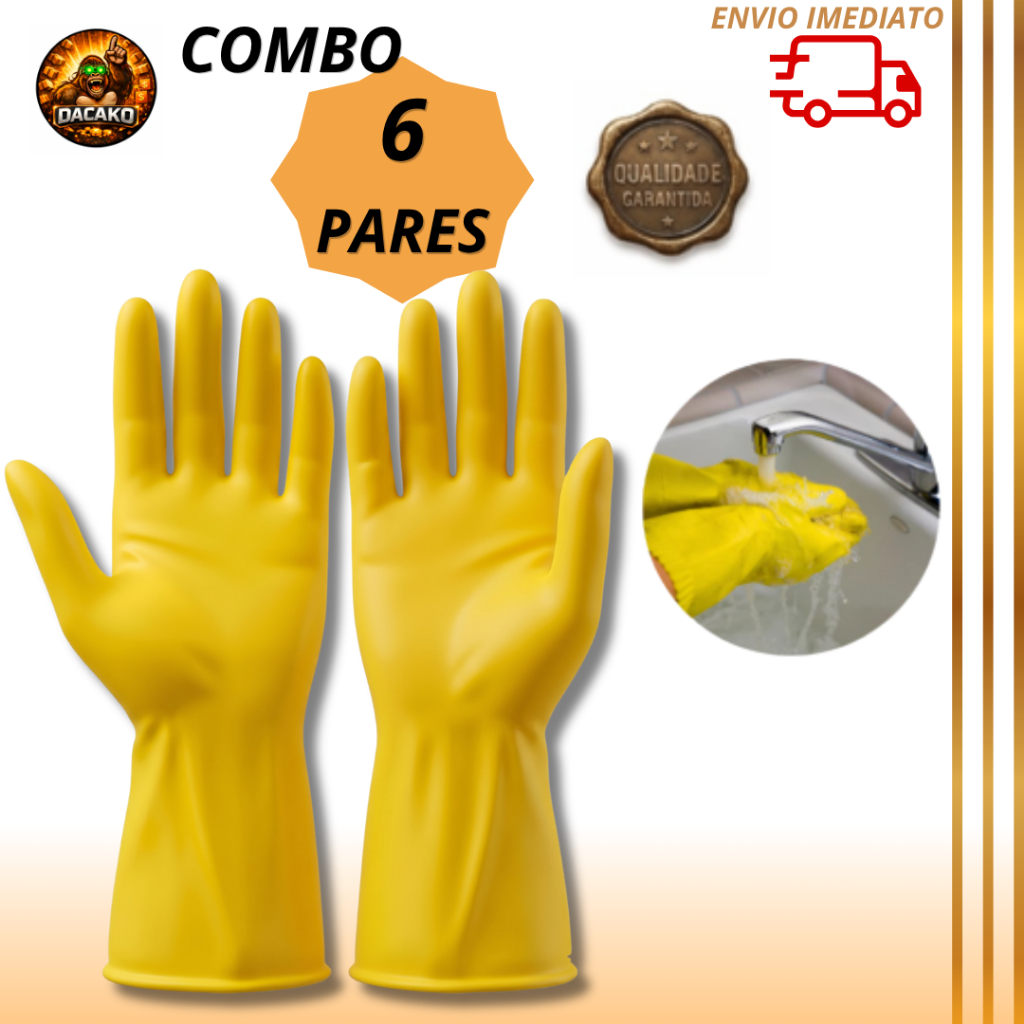 Combo 6 pares Luva Látex Amarela Limpeza Multiuso Resistente Proteção Doméstica Cozinha Lavável