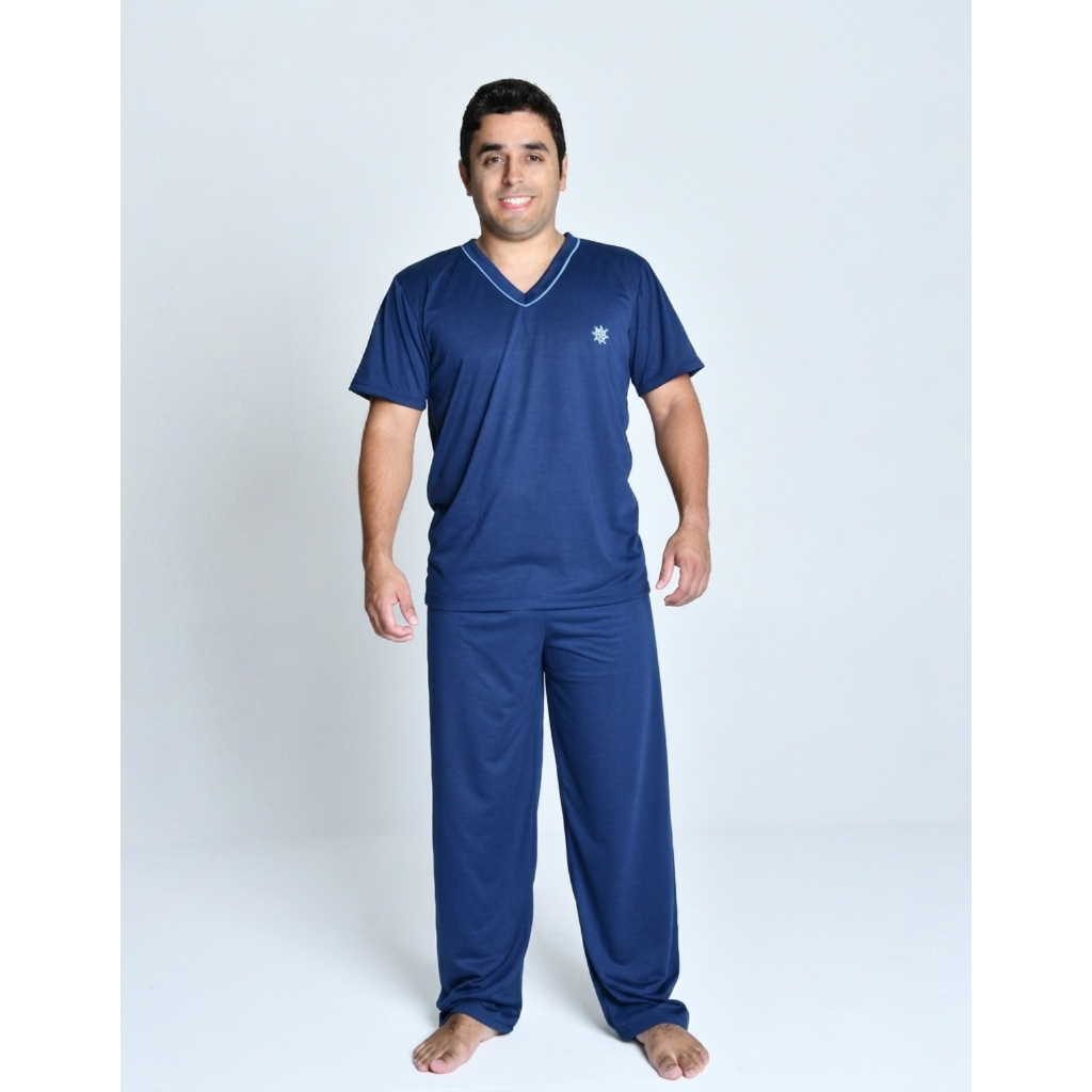 Pijama Masculino Longo Manga Curta Leve Gola V Meia Estação