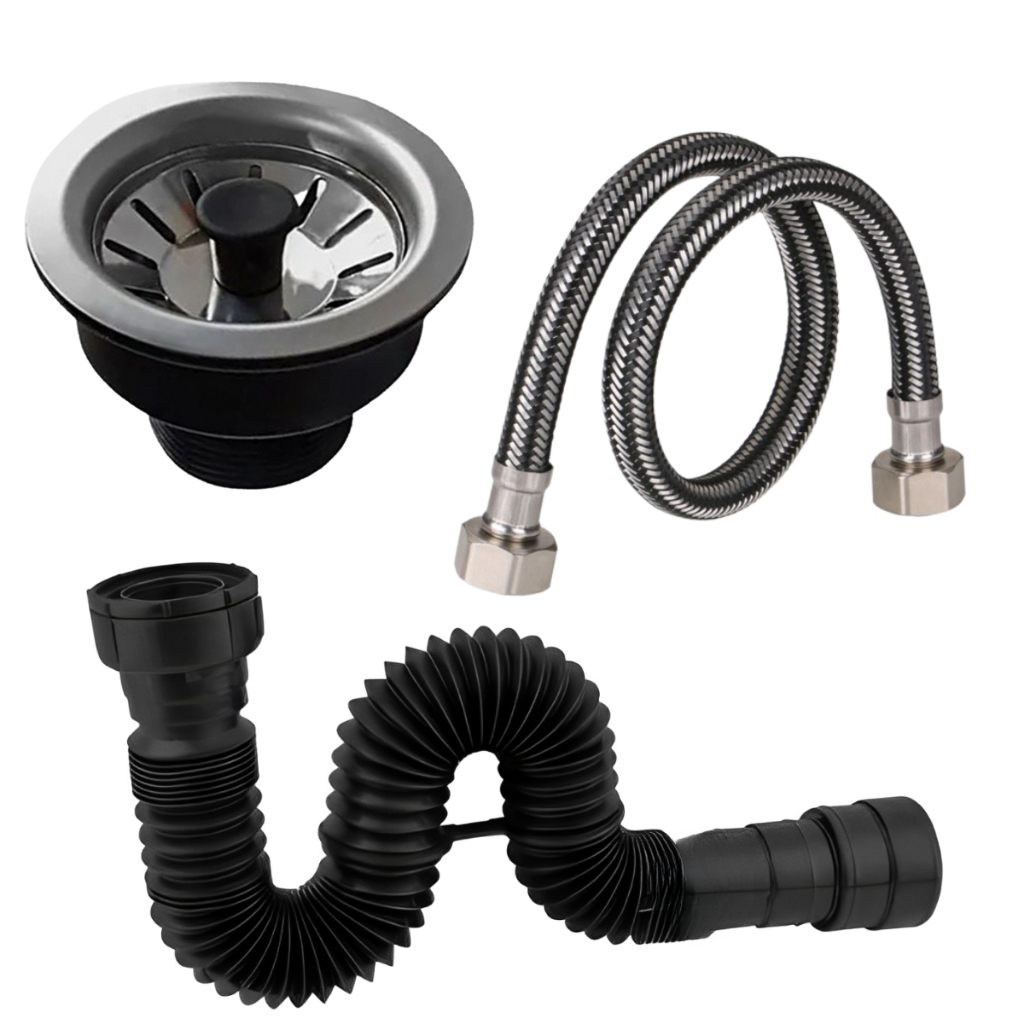 Kit Cozinha Válvula Americana com Cestinha Sifão Universal 70 cm e Engate Flexível Inox com Niple