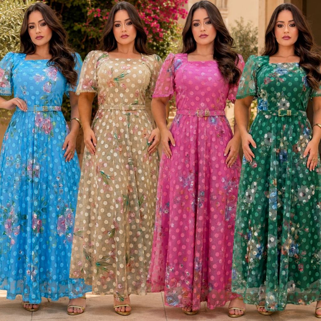 Vestido Moda Evangélico Longo Tule Forrado Floral Poá Manga Bufante Cinto Decote Quadrado Elegante