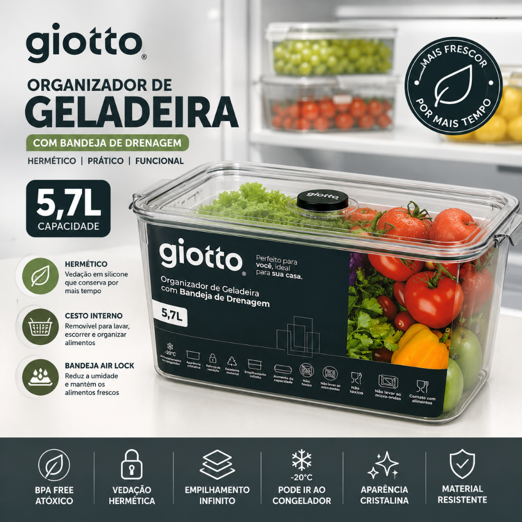 Pote 5,7 Litros Hermetico vedação Silicone Organizador Geladeira com Bandeja de Drenagem Giotto