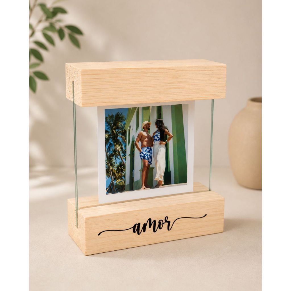 Porta Retrato com Base Madeira e Vidro Duplo Personalizado Mine Presente Romântico Decorativo Namorados